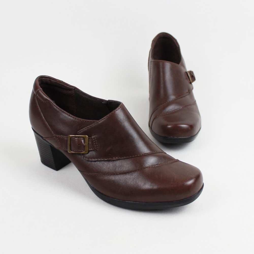 Clarks Brown Chunky Heel Leather Slip-on Shoes